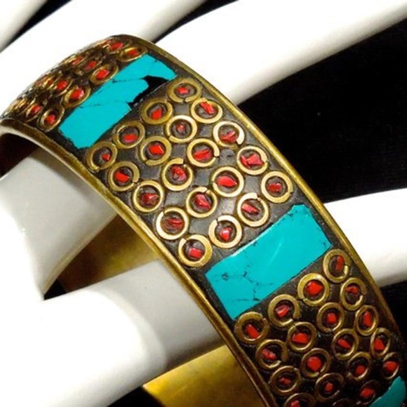 VTG 70's Turquoise Coral Inlayed Brass Bangle - Picture 4 of 4